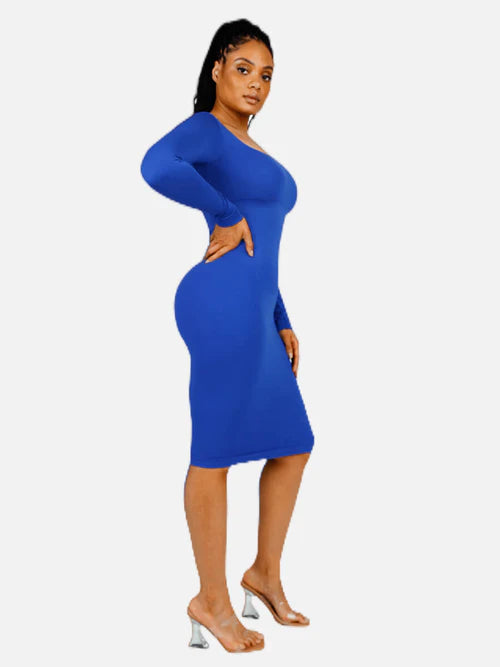 Seamless Square-Neck Long-Sleeve Shaping Midi Dress