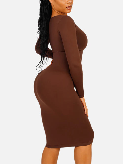 Seamless Square-Neck Long-Sleeve Shaping Midi Dress